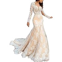 Women's Beach Long Sleeves Backless Lace Bridal Ball Gowns Train Mermaid Wedding Dresses for Bride 2024 Plus Size