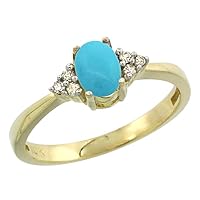 Silver City Jewelry 14K Yellow Gold Natural Turquoise Ring Oval 6x4mm Diamond Accent, Size 6