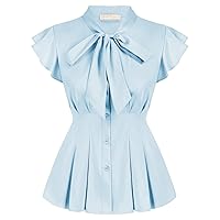 Belle Poque Women's Bow Tie Neck Ruffle Sleeveless Casual Work Solid Blouse Shirts Tops