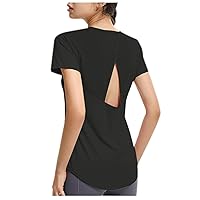 Women Cut Out Back Workout T-Shirts Summer Breathable Short Sleeve Crewneck Yoga Tees Running Athletic Casual Tops