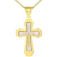 14k Solid Two Tone Gold Roman Catholic Cross Crucifix Pendant Necklace