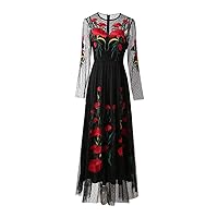 Flower Embroidery Mesh Long Maxi Dresses for Women Formal Occasion Party Black Dresses Elegant Full Sleeve Robe