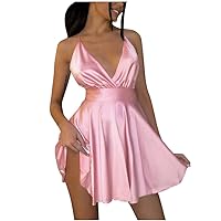 Women's Ladies Solid Sleeveless Suspenders Backless Bow-Knot V-Collar Mini Dress Mother of Bride Dress