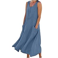 Women Basic Cotton Linen Sleeveless Midi Dresses Summer Trendy Lounge Loose Fit Swing A-Line Dress with Pockets