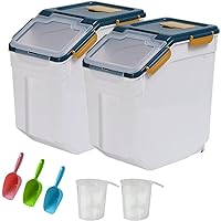 YXQ 25LB Large Flour Storage Container Bin ,2 Pack Airtight Plastic with Wheels Seal Locking Lid Dispenser Organizer Storage Bin with Measuring Cup & Scoop for Flour, Rice, Grain 50LBS Total