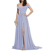 Women's Off Shoulder Bridesmaid Dresses Chiffon Lace A-Line Long Formal Evening Party Gowns with Slit LYQ08