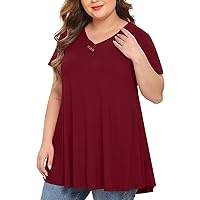 MONNURO Womens Plus Size Short Sleeve V Neck Button Basic Tunic Tops Summer Swing Shirts Blouses for Leggings(Wine Red,5X)