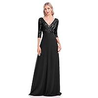 Women Sequined Long Sleeve Evening Dress Elegant V Neck Wedding Party Prom Gown