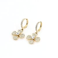 14K Gold Plated Pave Flower Dangle on Huggie Earring