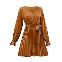 Women's Summer Dresses Casual Fashion Ladies Solid Color V Neck Long Sleeve Skirt Pleated Tie Dress(Yellow,Large)