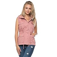 Womens Sleeveless Hooded Anorak Cotton Cargo Utility Safari Military Snap Fashion Vest w/Pockets