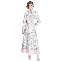 Summer Floral Butterflies Print Collar Bow Tie Scarf Long Sleeve Women Ladies Casual Party Holiday Vacation Maxi Dresses