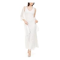 JKARA Womens White Beaded Embellished Zippered Scarf Lined Sleeveless V Neck Tea-Length Formal Gown Dress 16