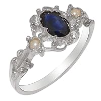 925 Sterling Silver Natural Sapphire & Cultured Pearl Womens Trilogy Ring - Sizes 4 to 12 Available