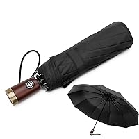 Premium Automatic Compact Umbrella Windproof - Wooden Handle Large Travel Umbrella Folding - Portable Black Rain Umbrella Auto - Premium Mens Umbrella