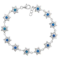 Sterling Silver Blue Synthetic Opal Jewish Star of David Bracelet for Women Rhodium Finish 3/8 wide 7.5 inches long
