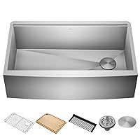 Kraus KWF210-33 Kore Workstation 16 Gauge Farmhouse Single Bowl Stainless Steel Kitchen Sink with Integrated Ledge and Accessories (Pack of 5), 33 Inch Rounded Apron Front