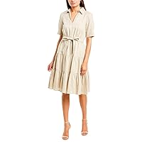 Donna Morgan Women's Short Sleeve Linen Tiered Skirt Self-tie Fit and Flare Shirt Dress