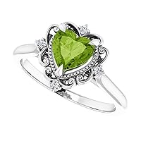 Victorian 1 CT Heart Shape Peridot Ring 925 Silver/10K/14K/18K Solid Gold Vintage Peridot Diamond Ring Halo Lime Green Peridot Engagement Ring August Birthstone Anniversary Ring Promise Rings