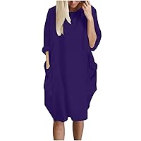 Women's 2023 Summer Casual Dresses Plus Size Roll-up Sleeve Baggy Sundress with Pockets Crewneck Plain T-Shirt Dress