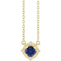 14k Yellow Gold Round Lab Created Blue sapphire 4.5mm 0.04 Carat Natural Diamond I2 H+ 18 Inch Poli Jewelry for Women