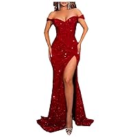 Youjiayi Mermaid Prom Dresses with Slit Long Sequin Fomral Dresses for Women Off Shoulder Evening Gowns with Train YJY84