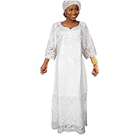 HD African Bazin Riche Maxi Dress for Woman Traditional Embroidery Dashiki Dresses with Head Wraps