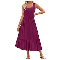 XJYIOEWT Bridal Shower Dress,Women's Summer Sleeveless Dress Square Neck Pleated Swing Casual Maxi Dresses with Pockets