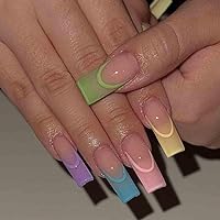 Foccna Long Press on Nails Square French Fake Nails Full Cover Acrylic False Nails Colorful Nails for Women and Girls 24PCS