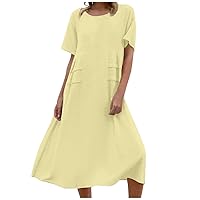 Dresses for Women 2023 Solid U Neck Hot Short Sleeve Shift Sundress Swing Sundress Flowy Plain Maxi Sundress