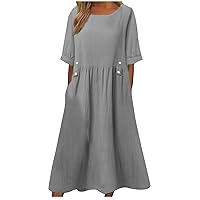 Women Cotton Linen Babydoll A-Line Dress with Pockets Short Sleeve Crewneck Button Waist-Defined Causal Shirt Dress