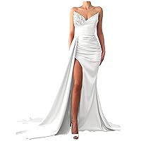 Women's Ivory Wedding Dresses 2022 Strapless Mermaid Sequin Beaded Satin Long Slit Evening Gowns Prom 16