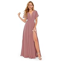V Neck Ruffle Sleeve Bridesmaid Dresses for Wedding Long Slit Chiffon Formal Evening Gown for Women