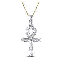 10K Yellow Gold Mens Stylish Baguette Diamond Ankh Glorious Cross Necklace Pendant 1-1/2 Ctw.