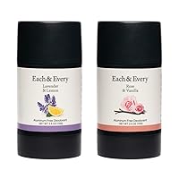 Each & Every 2-Pack, Natural Aluminum-Free Deodorant for Sensitive Skin Made with Essential Oils, Plant-Based Packaging, 2.5 Oz.(Lavender & Lemon, Rose & Vanilla)
