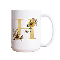 Christmas Funny White Ceramic Coffee Mug 15oz Sunflower Floral Gold Monogram Letter Initial H Coffee Cup Humorous Tea Milk Juice Mug Novelty Gifts for Xmas Colleagues Girl Boy