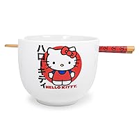 Silver Buffalo Sanrio Hello Kitty Japanese Ceramic Ramen Noodle Rice Bowl with Chopsticks, Microwave Safe, 20 Ounces