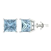 2.9ct Princess Cut Solitaire Aquamarine Blue Unisex Designer Stud Earrings 14k White Gold Push Back conflict free Jewelry