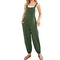 Beach Jumpsuits for Women Summer Bohemian Bib Overalls Solid Color Button Suspender Baggy Rompers Jumpsuits with Pockets