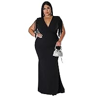 Womens Sexy Plus Size V-Neck Sleeveless Tassel Solid Color Maxi Dress Nightclub Clubwear Dress