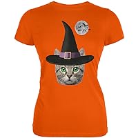 Halloween Funny Cat Witch Orange Juniors Soft T-Shirt