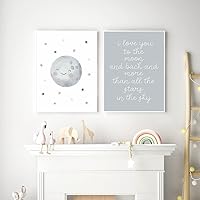 DOLUDO Set Of 2 Prints I Love You To The Moon And Back And More Than All The Stars Wall Art Canvas Painting Cartoon Moon Stars Poster Pictures For Kid's Room Neutral Nursery Wall Decor Unframed