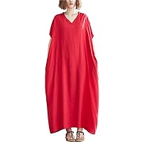 Flygo Women's Batwing Short Sleeve Maxi Dress Long Shirt Dresses Oversized Sleep Loungewear (One Size, Red)