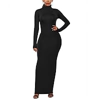Women’s Long Sleeve Round Neck Solid Color Dress Slim Fitted Bodycon Maxi Dresses