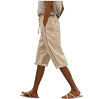 Women's 2024 Casual Summer Drawstring High Waist Cotton Linen Shorts Fashion Side Lace Hollow Pockets Bermuda Shorts