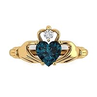 Clara Pucci 1.52ct Heart Cut Irish Celtic Claddagh Solitaire Natural London Blue Topaz gemstone designer Modern Ring 14k Yellow Gold