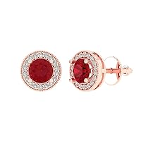 Clara Pucci 3.60 ct Round Cut Halo Solitaire Genuine Simulated Red Ruby Pair of Solitaire Stud Screw Back Designer Earrings 14k Rose Gold