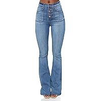 Women's Retro Style Skinny Bell Bottom Jeans Classic High Rise Button Fly Flare Jean Mid-Rise Slim Fit Long Bootcut Denim Pants (Light Blue,Large)