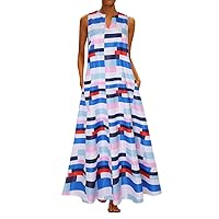 Women's Bohemian Print Flowy Beach V-Neck Glamorous Dress Casual Loose-Fitting Summer Swing Sleeveless Long Floor Maxi Blue
