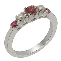 Solid 925 Sterling Silver Natural Pink Tourmaline & Cultured Pearl Womens band Ring - Sizes 4 to 12 Available